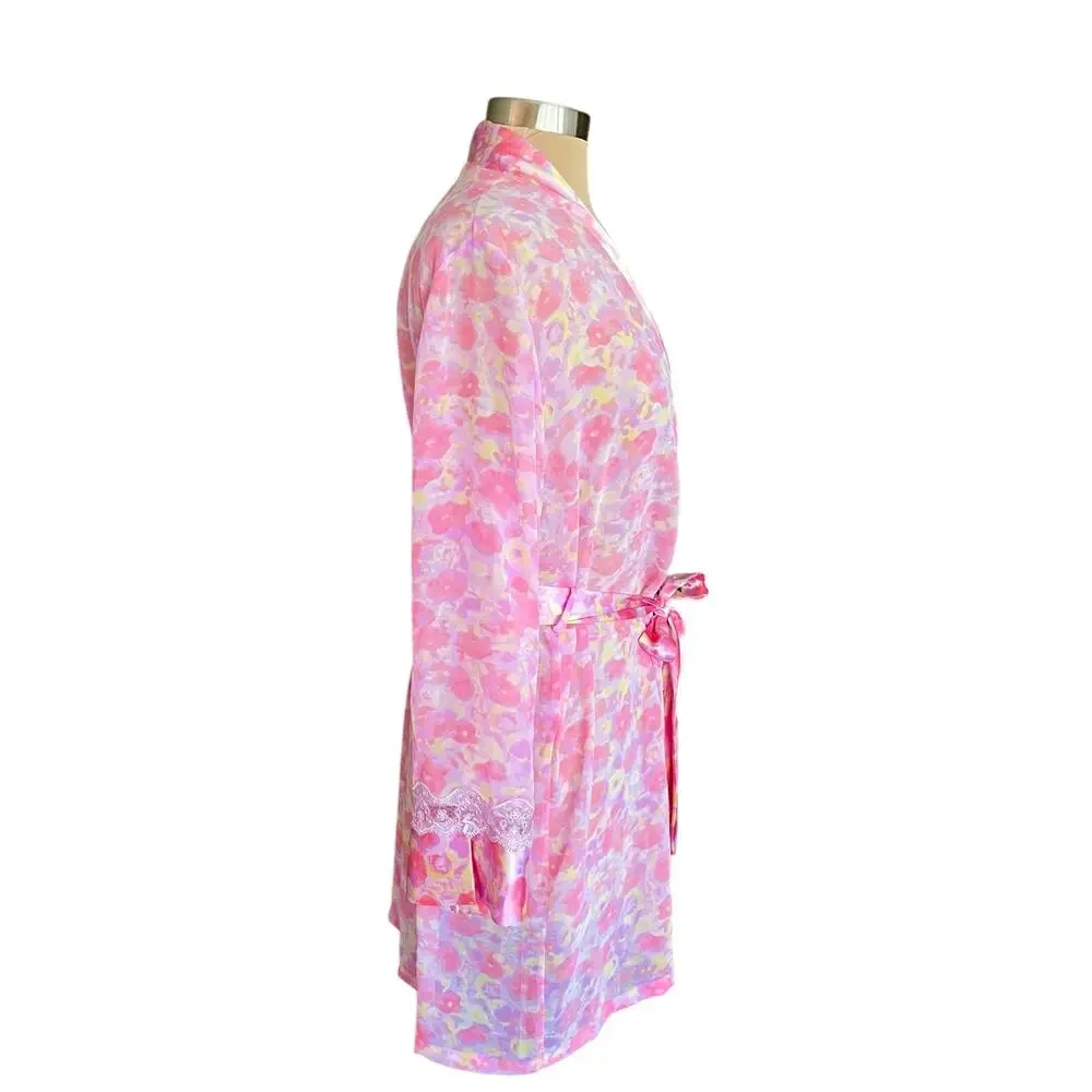 Delicates Pink Yellow Watercolor‎ Floral Short Satin Robe Lace Trim Belted SMALL